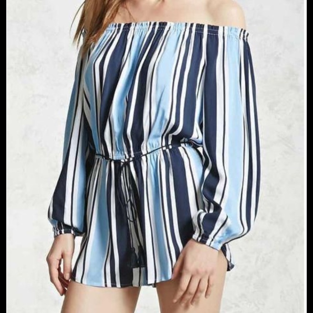 !!! SOLD!!! Blue Off-shoulder Striped Romper